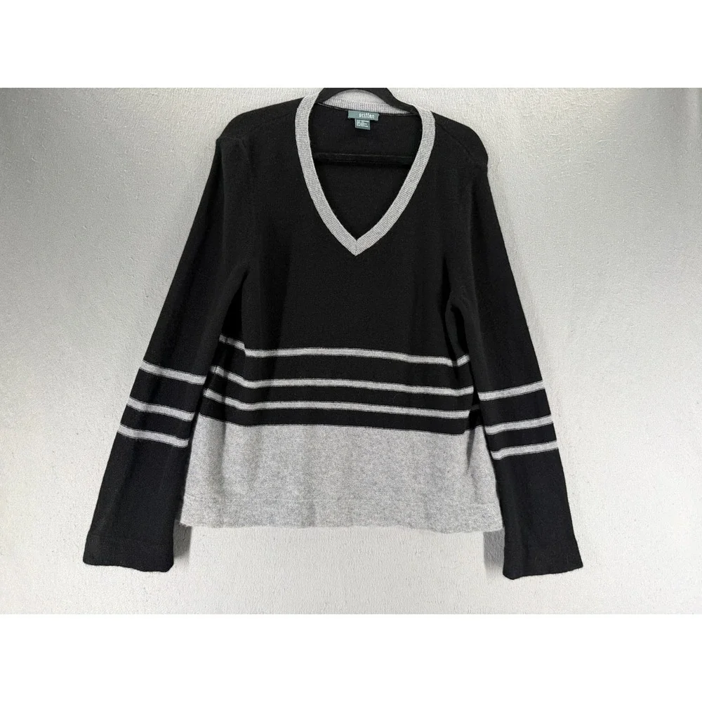 Griffen‎ Cashmere Sweater Womens XL Black Gray Quiet Luxury Dark Academia Stripe